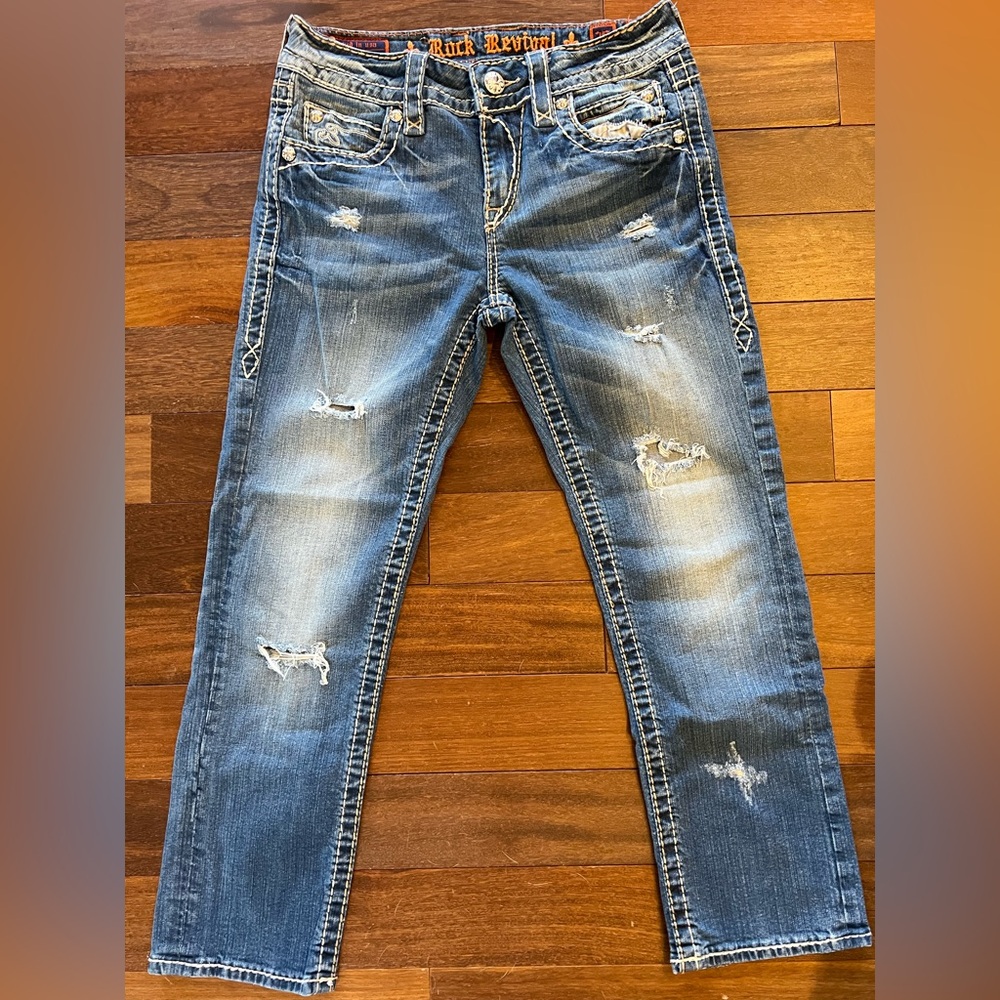 Rock Revival Women's Straight Denim Capris - Distressed Blue